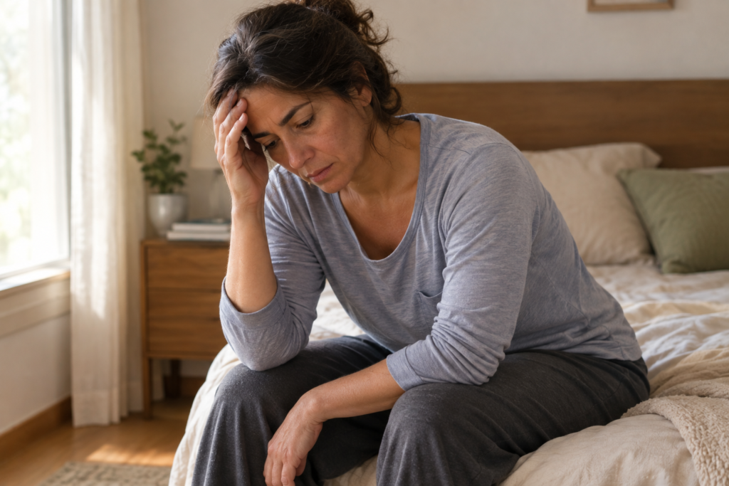 mujer con sintomas de menopausia frustrada en la cama