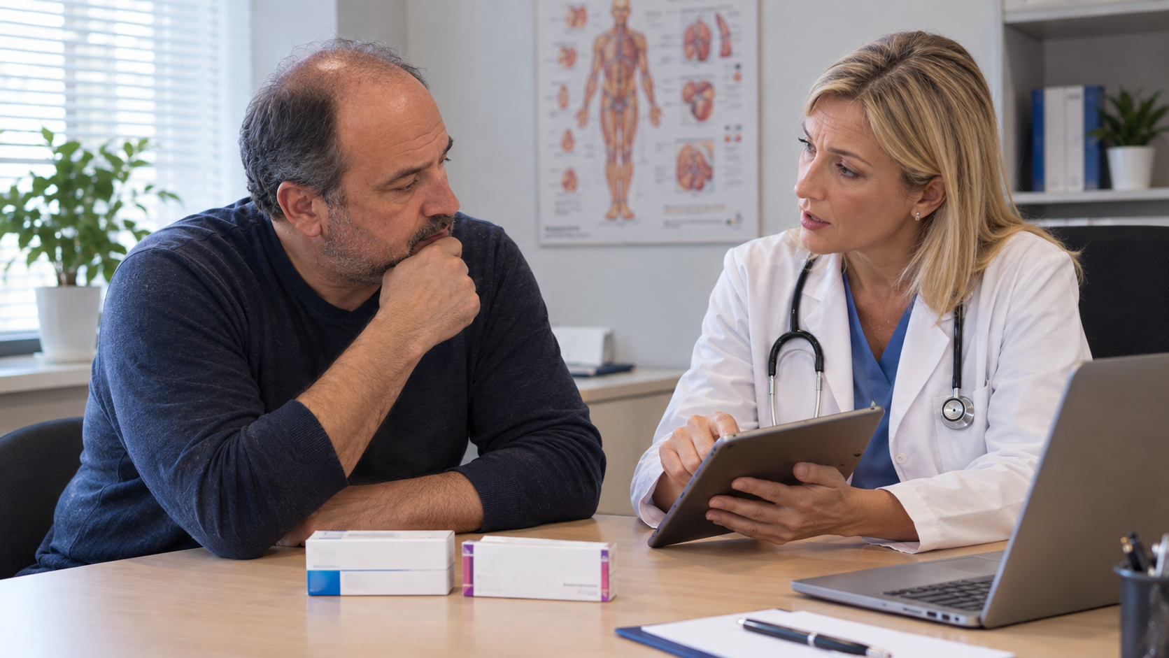 Hombre adulto consultando con su médico los efectos de Ozempic y Mounjaro en la erección y la testosterona
