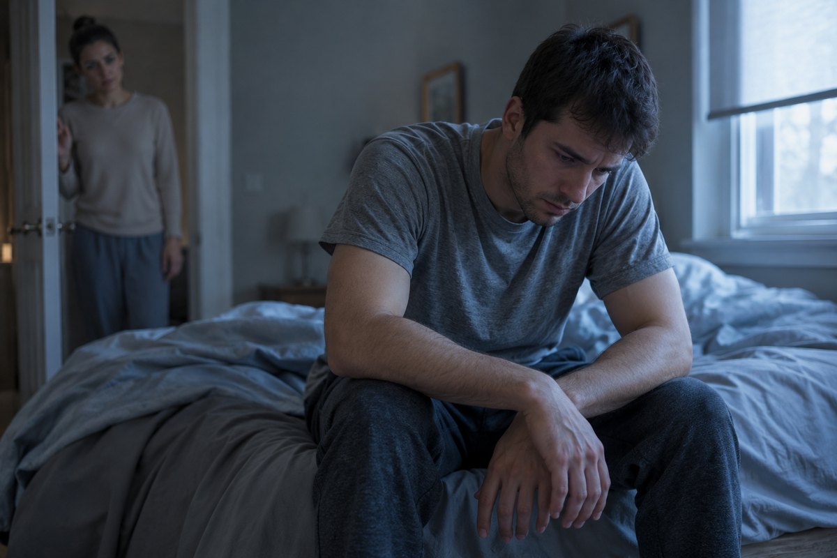 Hombre triste sentado en el borde de la cama mientras su pareja lo observa preocupada desde la puerta, síntomas del síndrome post-finasterida