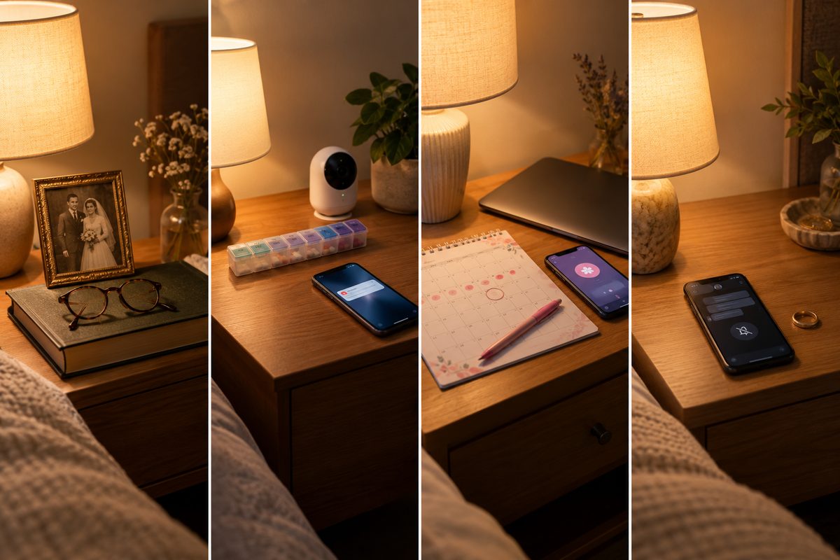 Cuatro mesillas de noche con objetos que reflejan los casos de pareja de boomers, generación X, millennials y generación Z