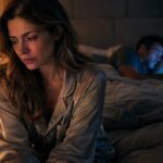 Mujer llorando sentada en el borde de la cama mientras su marido, acostado, mira el móvil con indiferencia: mi marido no me desea