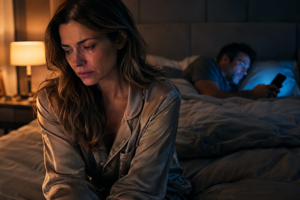 Mujer llorando sentada en el borde de la cama mientras su marido, acostado, mira el móvil con indiferencia: mi marido no me desea