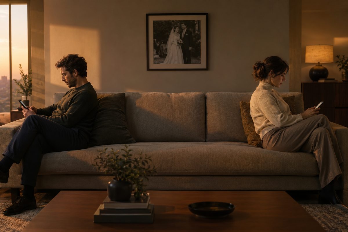 Pareja joven distanciada en un sofá, cada uno con su móvil, bajo una foto de boda antigua: parejas por generaciones
